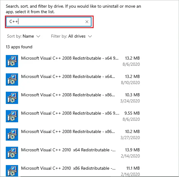 Search for C++ in the search bar