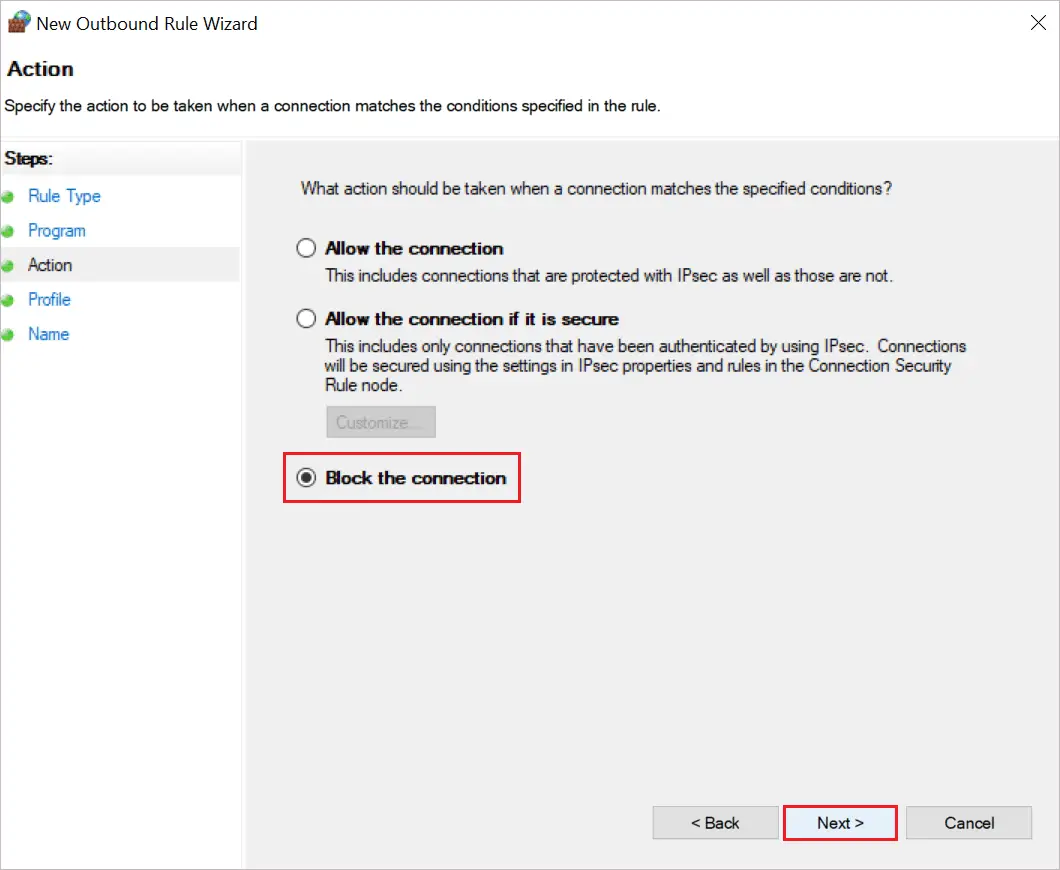 Select Block the connection