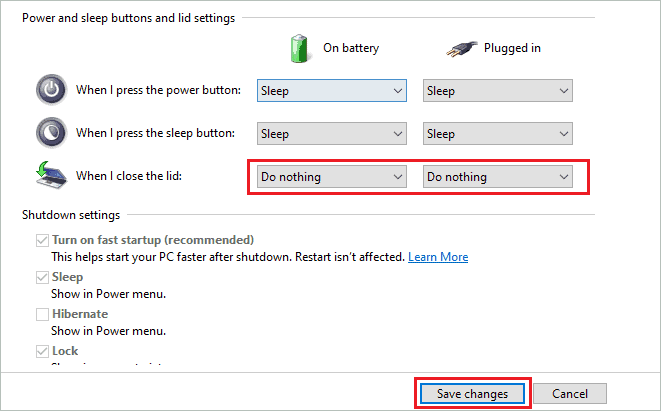 Change settings for When I close the lid option