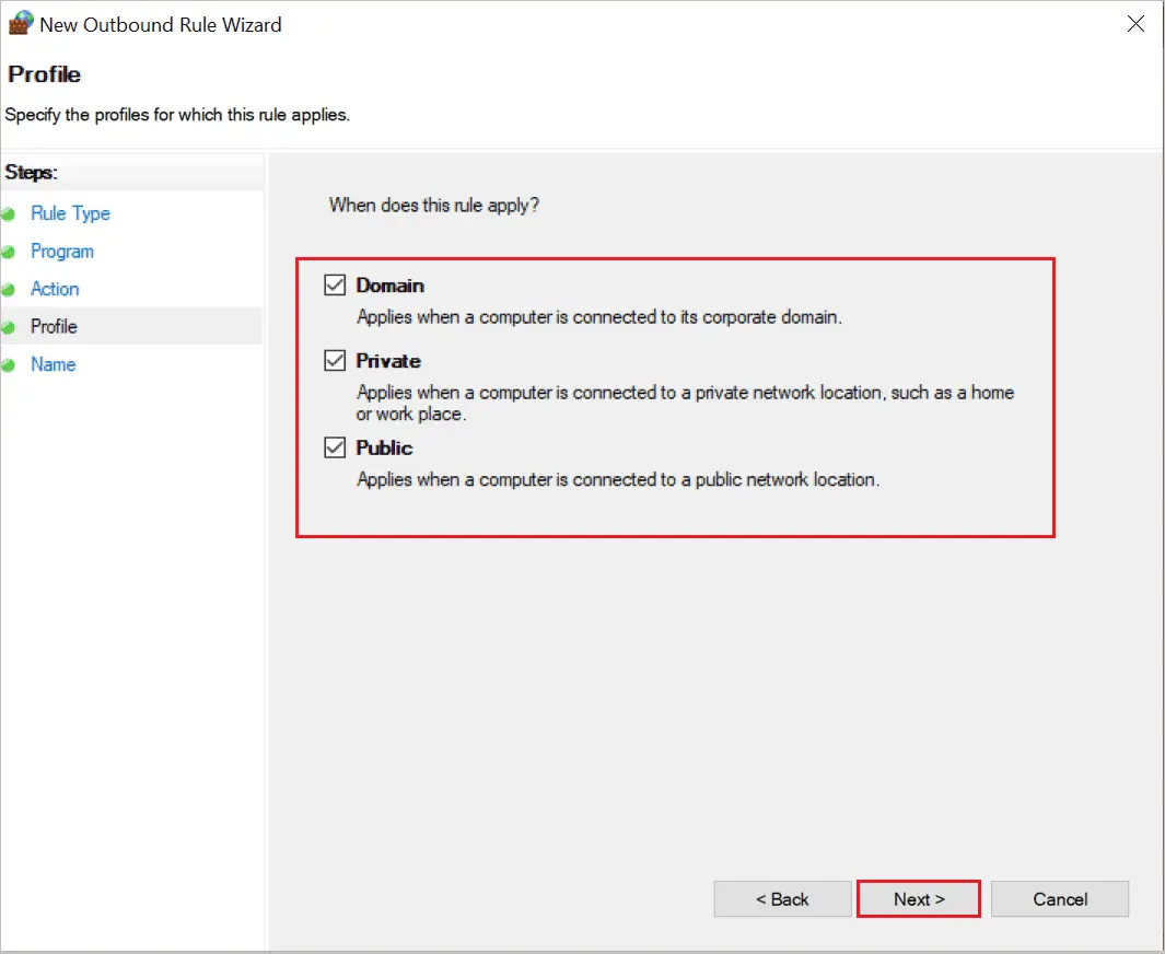 Select Domain, Private. and Public for How To Block A Program From Accessing The Internet In Windows 10