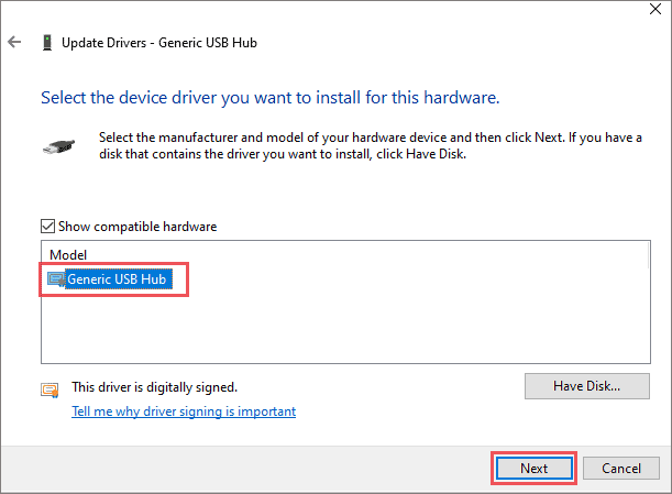  Select Generic USB Hub  to fix USB device not recognized error