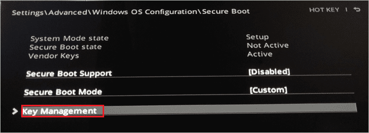 Choose Key Management to enable secure boot in AMI BIOS