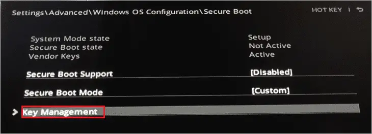 Choose Key Management to enable secure boot in AMI BIOS