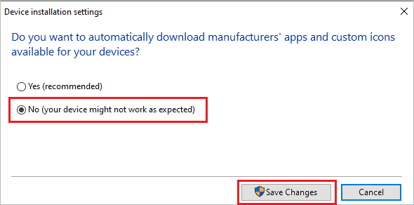 Select No and save changes to Disable Automatic Driver Updates in Windows 10