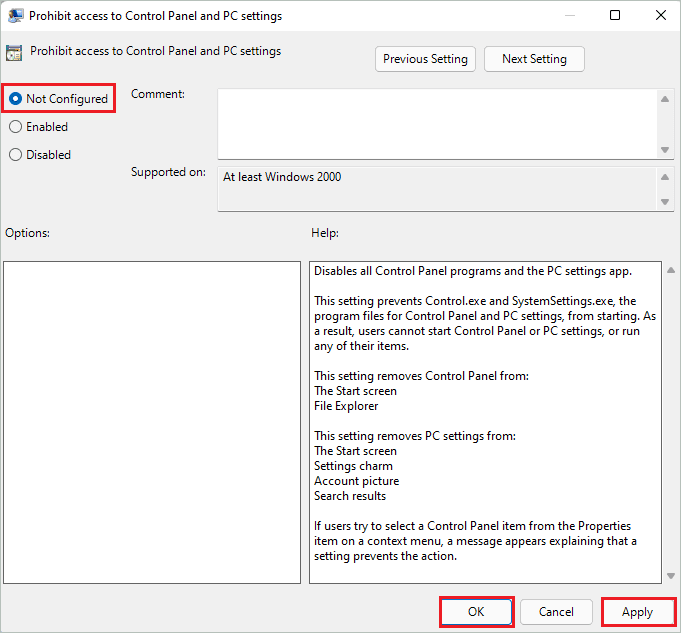 Select Not configured