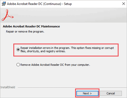 Select Repair Acrobat Reader