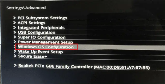 Select Windows OS Configuration