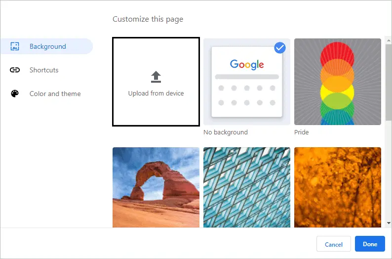 how to add website to google chrome new tab page Select a background image