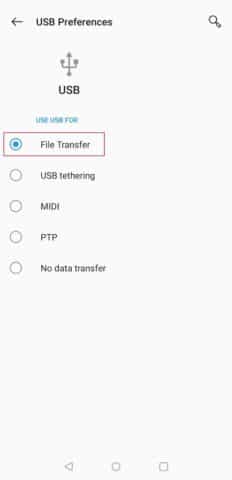Select the File Transfer option to solve Android File transfer not working