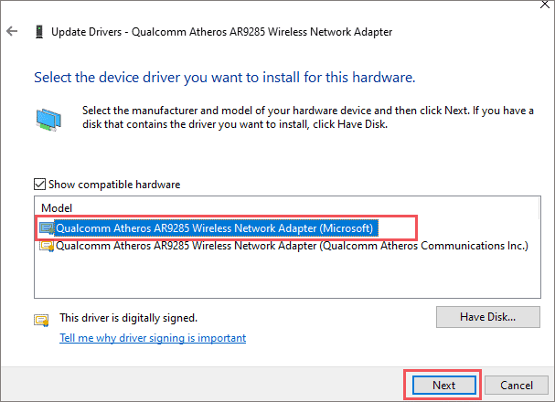 Select the generic network driver when the default gateway is not available windows 10