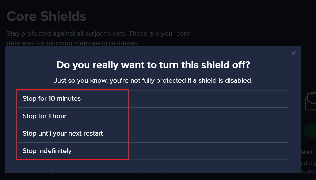 Disable the selected shield