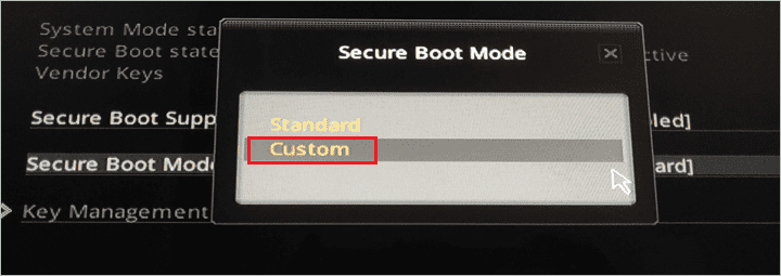 Set Secure Boot Mode as Custom