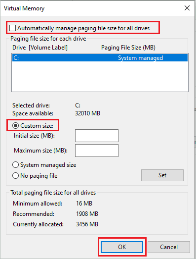 Expand virtual memory to fix memory management error