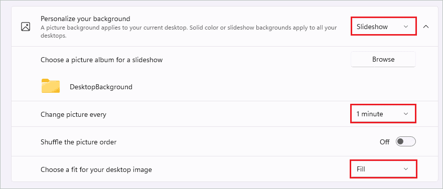 Set slideshow as Desktop background to change windows 11 wallpaper