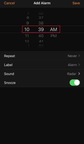 Set the time for alarm on iphone