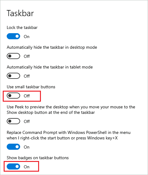 Disable Small Taskbar Buttons and enable Badges