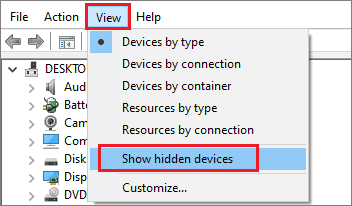 Show hidden devices in Device Manager