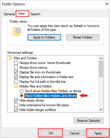 Show hidden files folders and drives to fix can’t find AppData folder in Windows 10