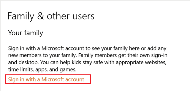 Sign in with Microsoft account Windows 10 parental control