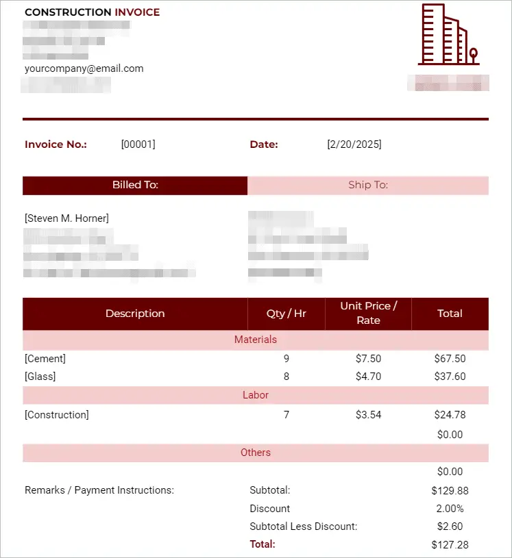 Simple Construction Invoice Template