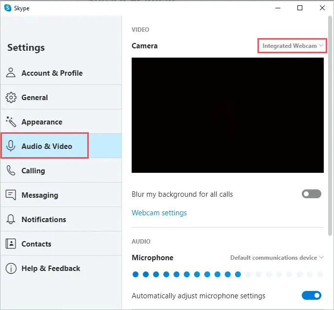 Access Skype Settings to fix skype camera not working