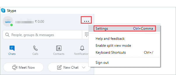 Open Skype settings to fix skype camera not working