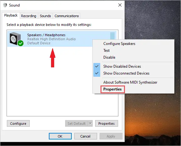 check sound device properties to fix sound not working windows 10