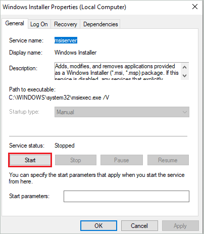 Démarrer le service Windows Installer