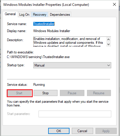 Start the Windows Modules Installer service