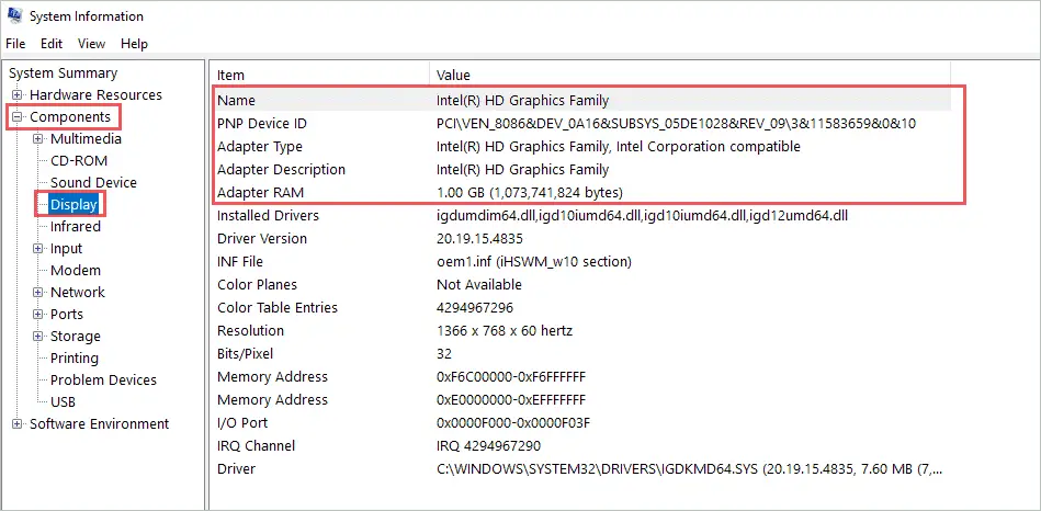 System information for how to check graphics card windows 10