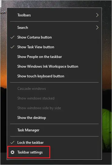 Taskbar settings in the menu