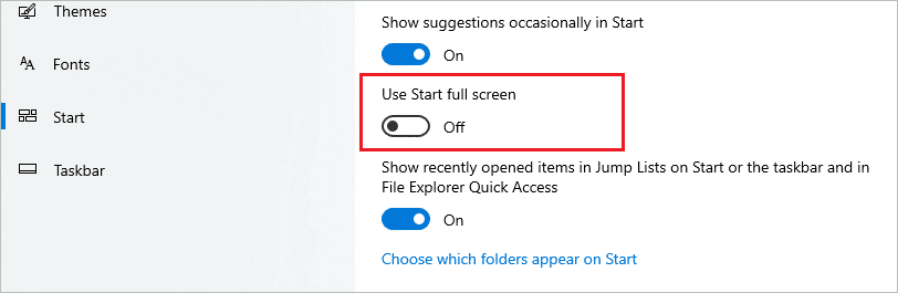 Toggle the switch for Use Start full screen