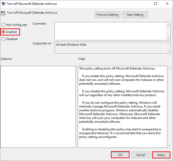 Turn off Microsoft Defender Antivirus Enabled