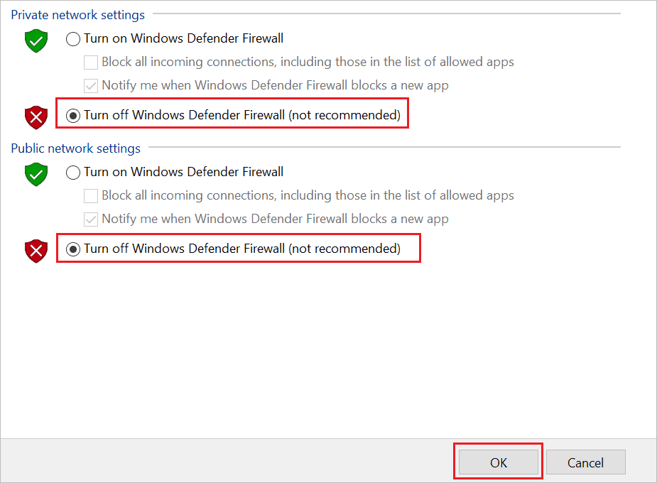 Disable Windows Firewall for private and public networks