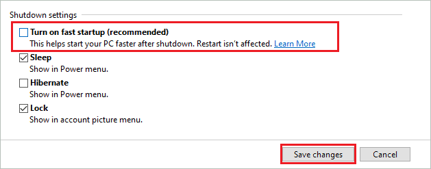 Disable fast startup to fix Your PC did not start correctly