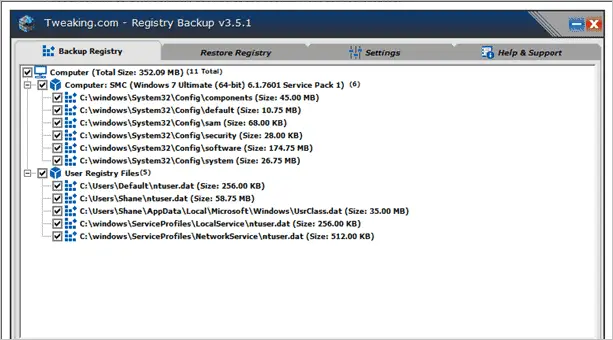 Tweaking.com registry backup