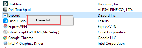 Uninstall Discord via Control Panel