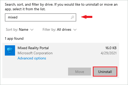 Uninstall Mixed Reality Portal