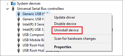 Uninstall device driver to fix USB device not recognized error