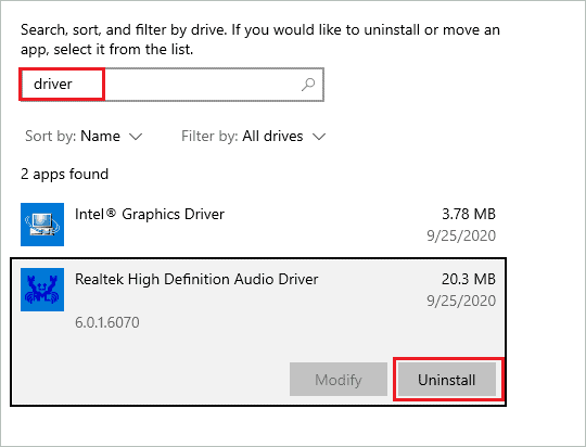 Uninstall driver via the Settings app