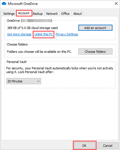 Unlink OneDrive from this PC to fix onedrive not syncing