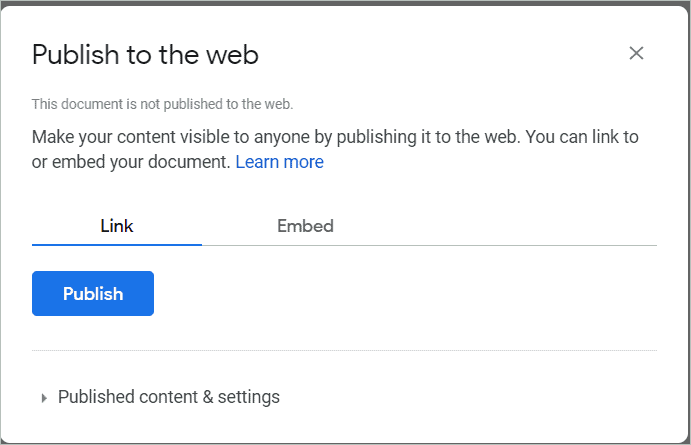 The dialog box for Publish to the Web option
