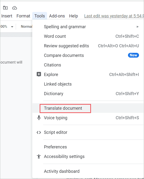 Click on the Translate document option.