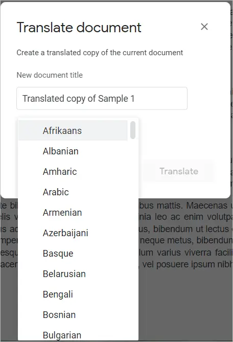 Select the language from the list.