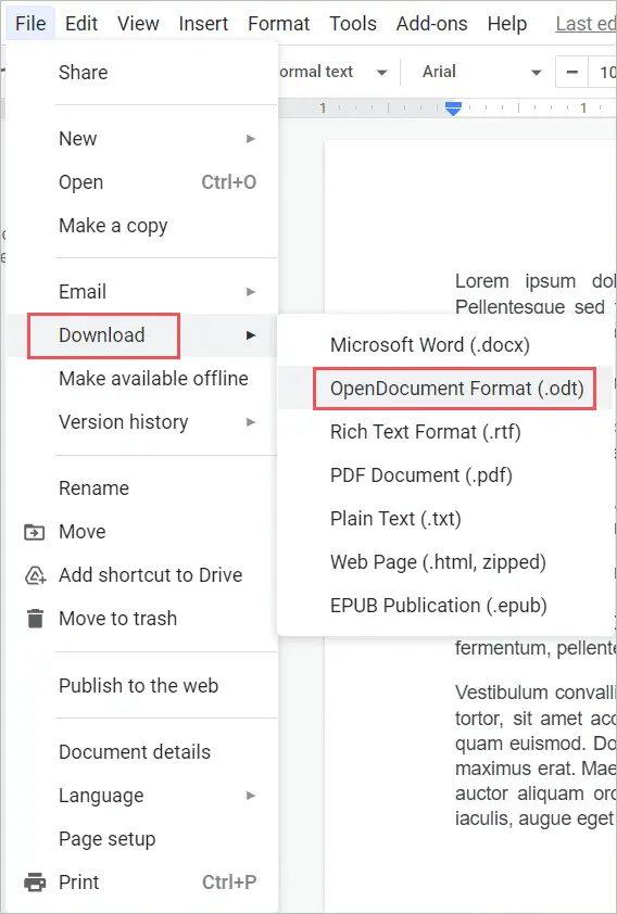 Click on the OpenDocument (.odt) Format