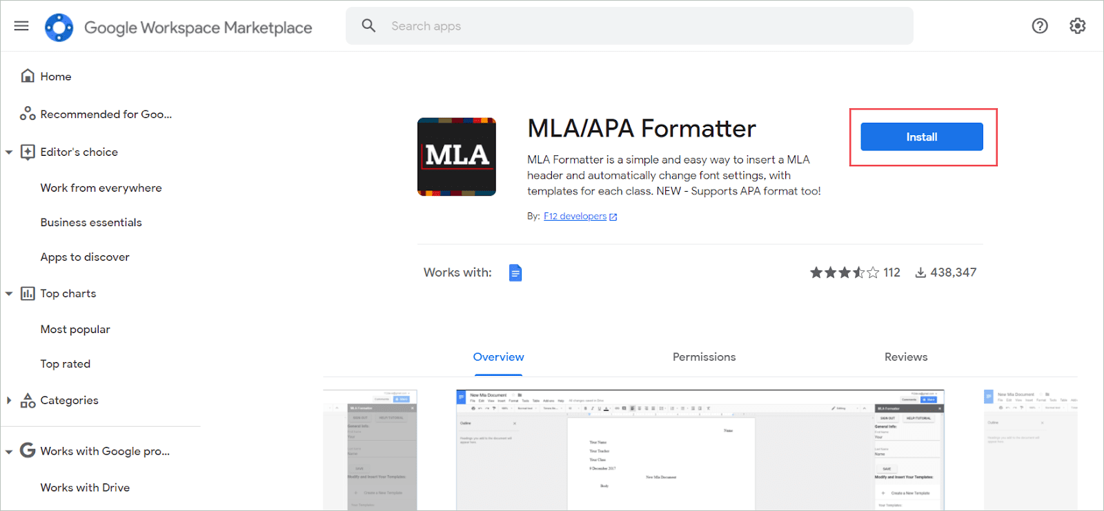 Click on the Install button for APA format in google docs