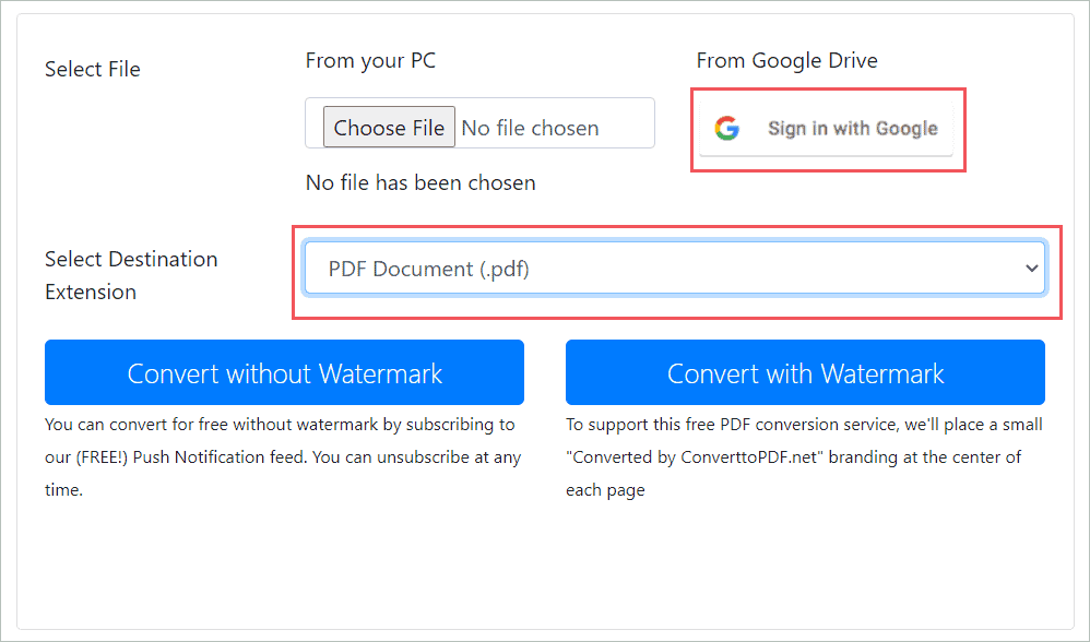 Select the PDF Document option from the drop-down menu. Then click the Sign in with Google button.