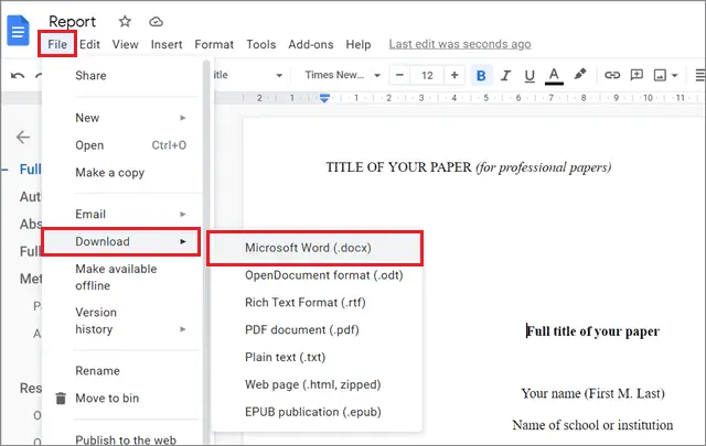 Download to convert google doc to word