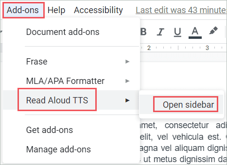 Use add-on by clicking on the Add-ons menu and selecting Read Aloud TTS