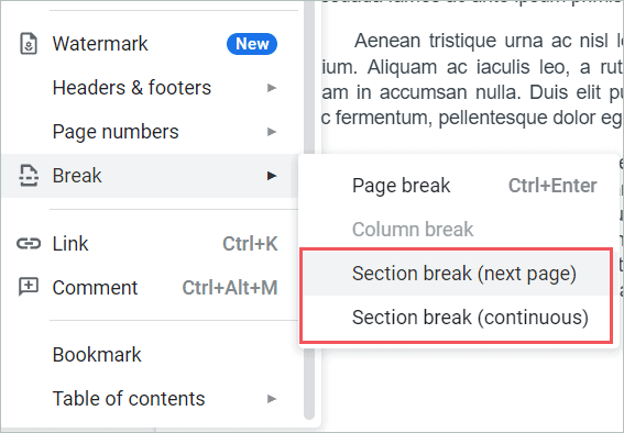 Select Section break (next page) or Section break (continuous)